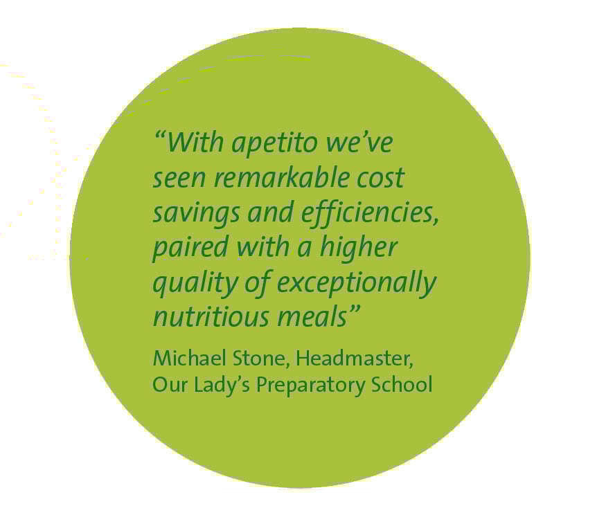 "With apetito we've seen remarkable cost savings and efficiencies, paired with a higher quality of exceptionally nutritious meals." Michael Stone, Headmaster, Our Lady's Preparatory School "With apetito we've seen remarkable cost savings and efficiencies, paired with a higher quality of exceptionally nutritious meals." Michael Stone, Headmaster, Our Lady's Preparatory School